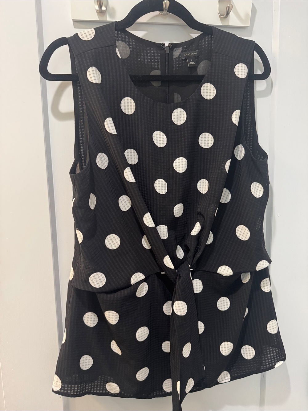 Ann Taylor Black and White Polka Dot Tie-Front Sleeveless Top